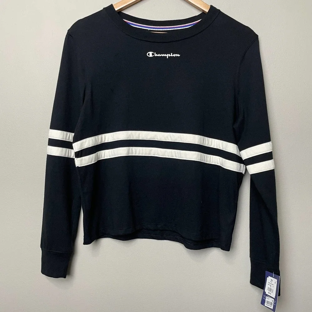 NWT Champion Heritage Long Sleeve Crew Neck Tee Black White Stripe Logo S - Picture 1 of 8